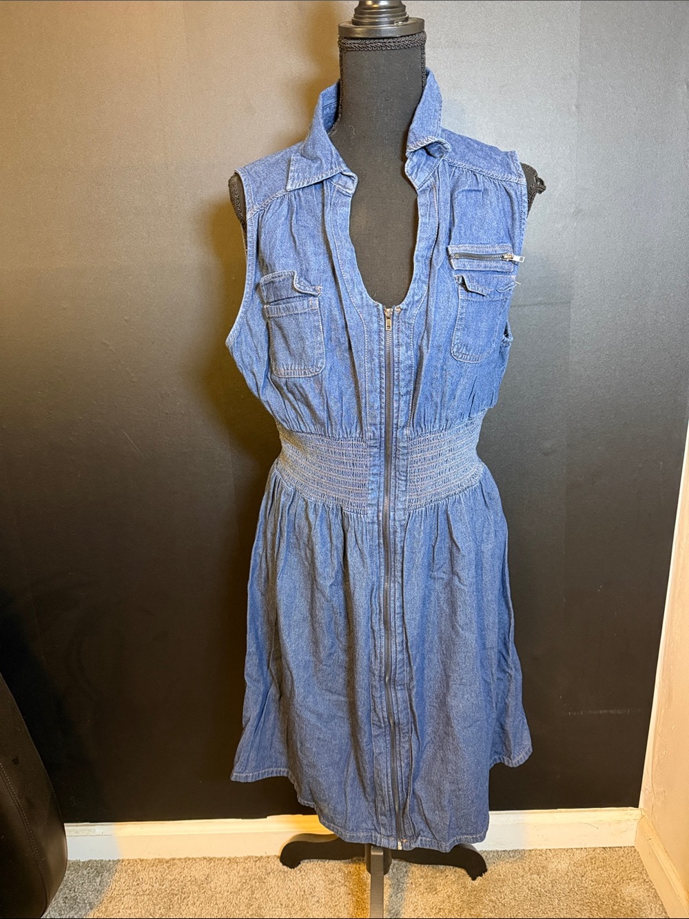 Sleeveless Blue Denim Zip-Front Dress 1X